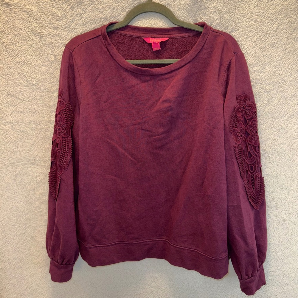 Lilly Pulitzer Womens Purple Lace Sleeve Cotton French Terry Sweatshirt Size L
